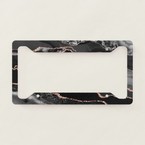 Black Rose Gold Faux Glitter Agate Geode Marble  License Plate Frame