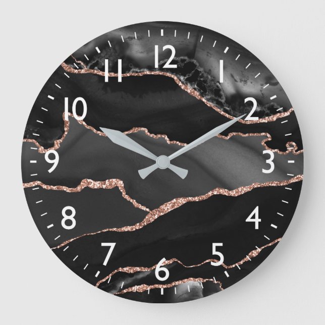 Black & Rose Gold Faux Glitter Agate Large Clock (Front)