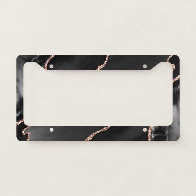 Black & Rose Gold Faux Glitter Agate License Plate Frame (Front)