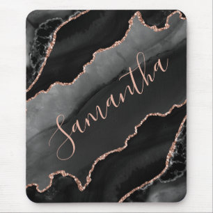 Black & Rose Gold Faux Glitter Agate Mouse Pad