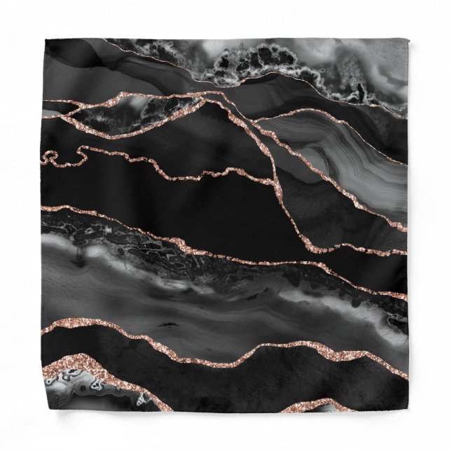 Black Rose Gold Faux Glitter Agate Pocket Square Bandana (Front)