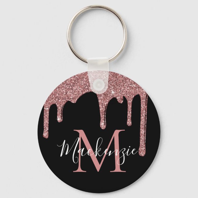 Black Rose Gold Faux Glitter Drips Monogram Keychain (Front)