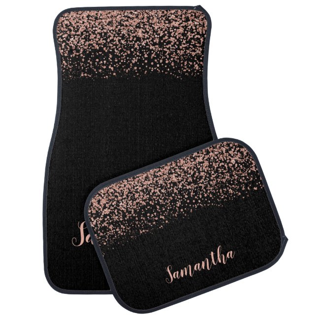 Black Rose Gold Faux Glitter Personalized Car Floor Mat (Set)