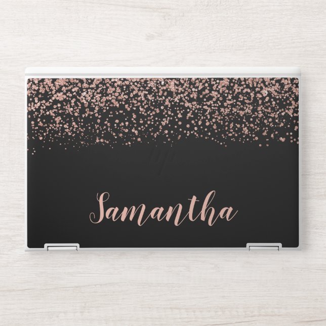 Black Rose Gold Faux Glitter Personalized HP Laptop Skin (Front)