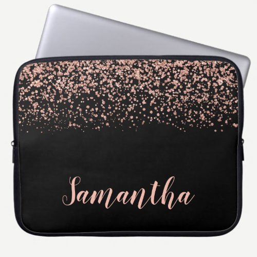 Black Rose Gold Faux Glitter Personalized Laptop Sleeve