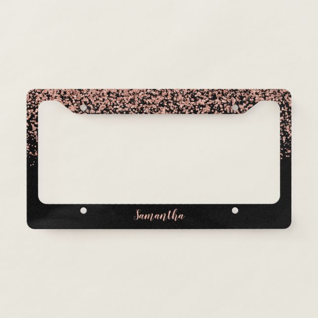 Black Rose Gold Faux Glitter Personalized License Plate Frame (Front)