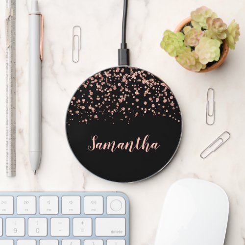 Black Rose Gold Faux Glitter Personalized Wireless Charger