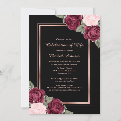 Black Rose Gold Floral Celebration of Life Photo Invitation