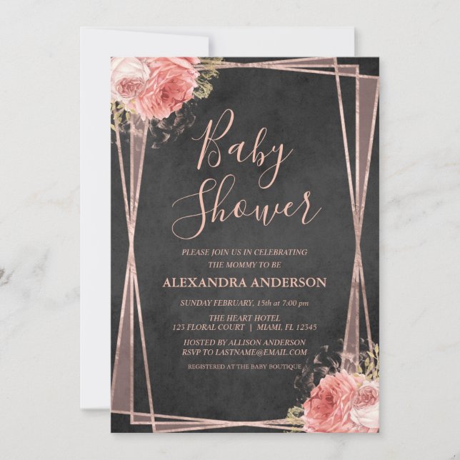 Black Rose Gold Floral Geometric Baby Shower Invitation (Front)