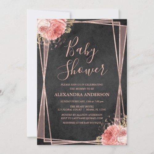 Black Rose Gold Floral Geometric Baby Shower Invitation