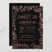 Black Rose Gold Floral Glitter Sweet 16 Invitation (Front/Back)