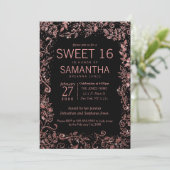 Black Rose Gold Floral Glitter Sweet 16 Invitation (Standing Front)