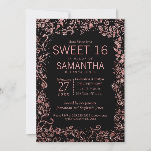 Black Rose Gold Floral Glitter Sweet 16 Invitation (Front)