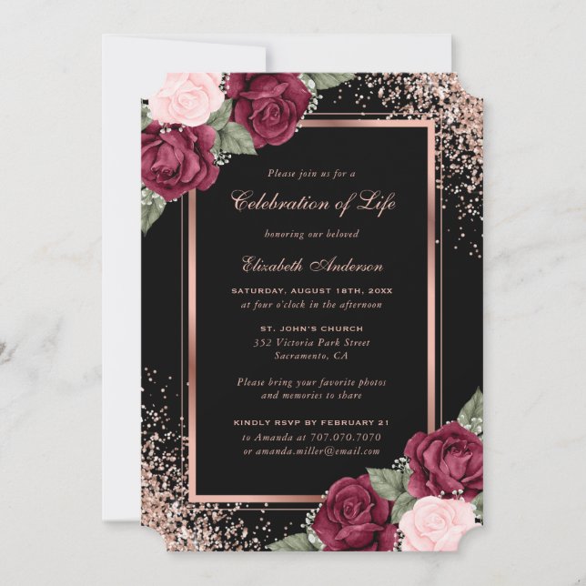 Black Rose Gold Floral Photo Celebration of Life Invitation (Front)