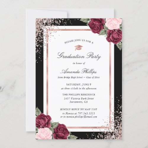 Black Rose Gold Floral Photo Graduation Party Invitation