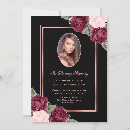 Black Rose Gold Floral Photo In Loving Memory Invitation