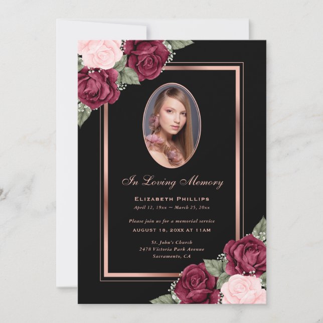 Black Rose Gold Floral Photo In Loving Memory Invitation (Front)