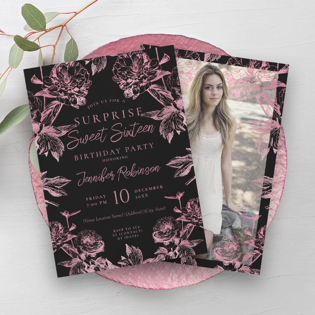 Black Rose Gold Floral Photo SURPRISE Sweet 16   Invitation (Black Rose Gold Floral Photo SURPRISE Sweet 16 Invitation)