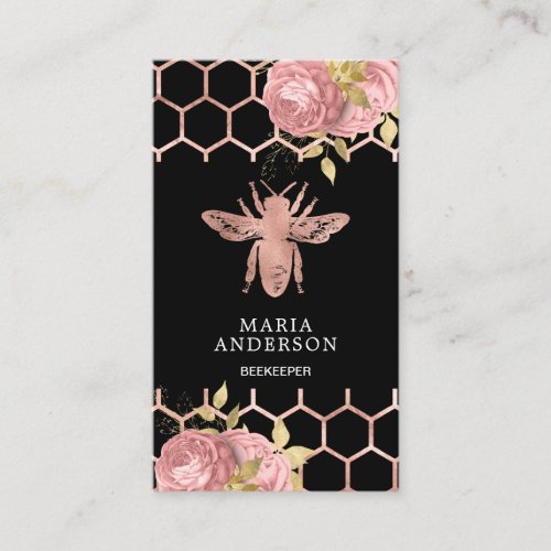 Black Rose Gold Foil Blush Pink Floral Honey Bee Business Card