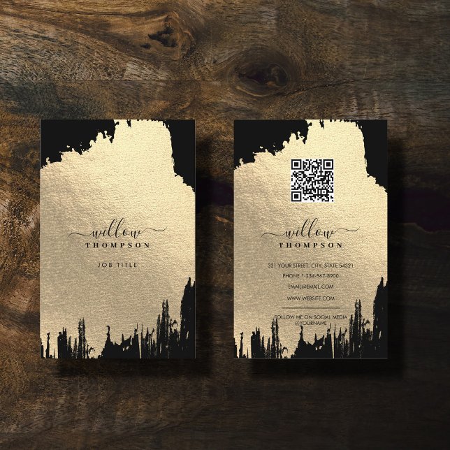 Black & Rose Gold Foil Brush Stroke QR Code Business Card (Black & Rose Gold Foil Brush Stroke QR Code Business Card)