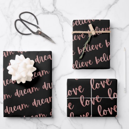 Black Rose Gold Foil Dream Believe Love Wrapping Paper Sheets