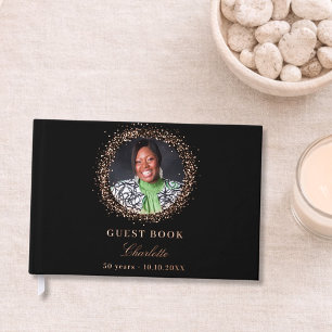 Black rose gold foil photo birthday guest book 