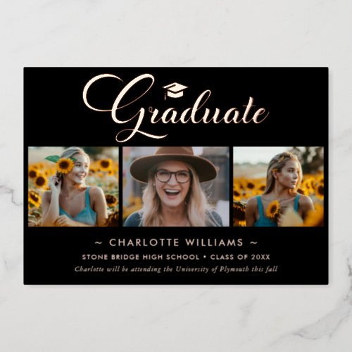 Black Rose Gold Foil Photo Graduation Announcement