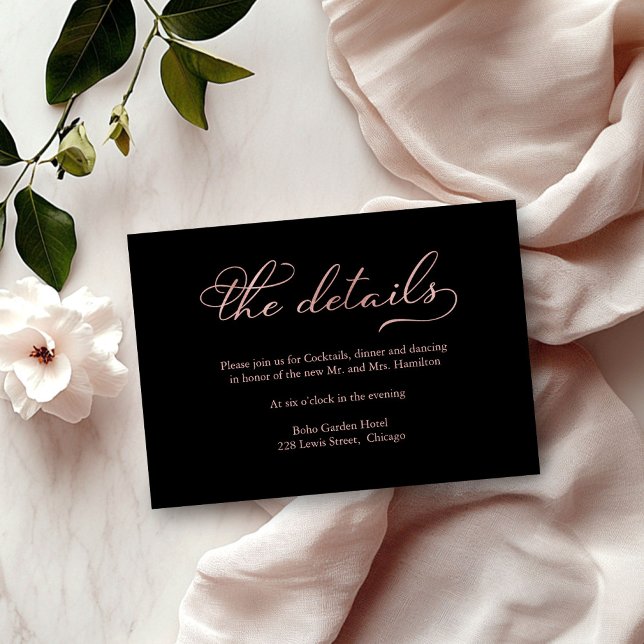 Black Rose Gold Foil Script Wedding Details Card (Creator Uploaded)