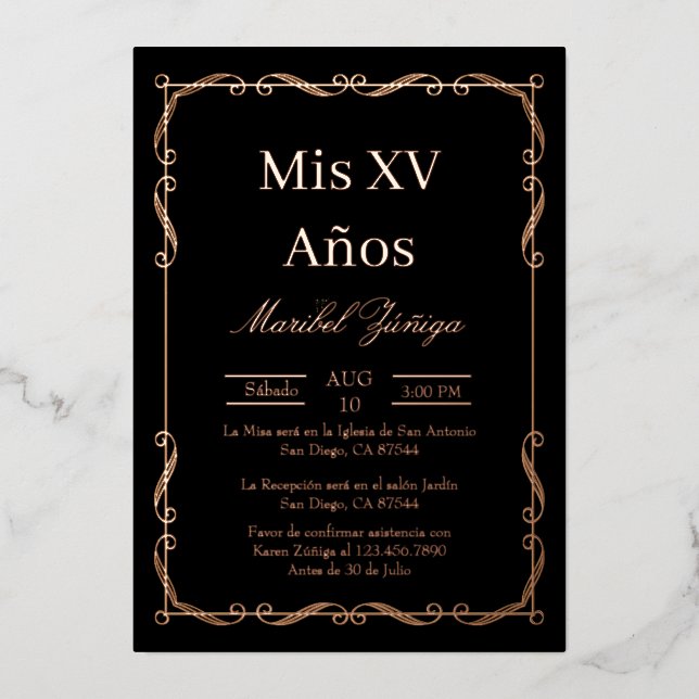 Black Rose Gold frame Quinceanera invitation Foil Invitation (Front)