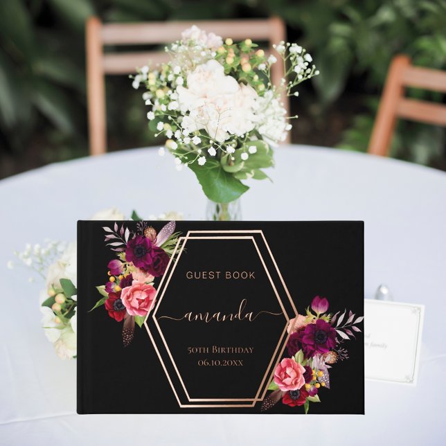 Black rose gold geometric burgundy floral Birthday Foil Guest Book (Creator Uploaded)