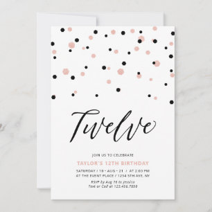 Black & Rose Gold Girl 12th Teen Birthday Party Invitation