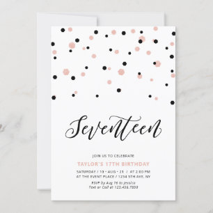 Black &Rose gold Girl 17th Teen Birthday Party Invitation