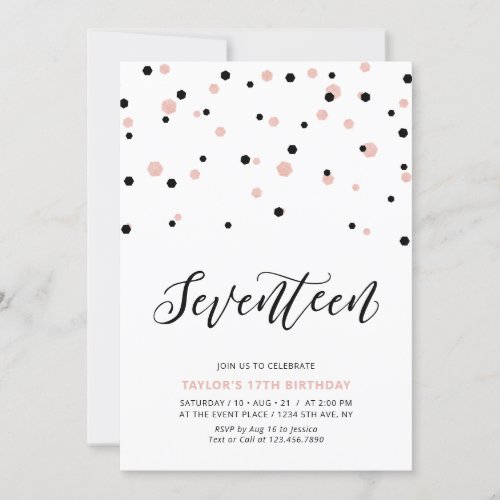 Black Rose gold Girl 17th Teen Birthday Party Invitation