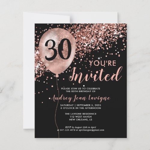 Black Rose Gold Glam Balloon Birthday Invitation