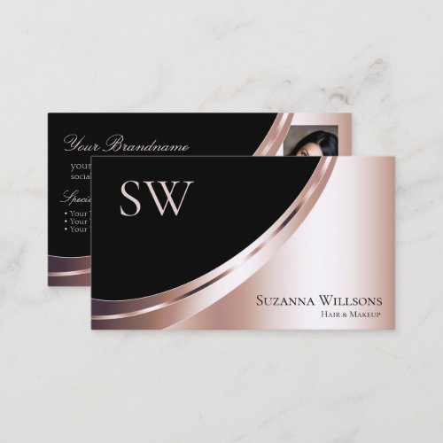 Black Rose Gold Glam Decor with Monogram and Photo Business Card