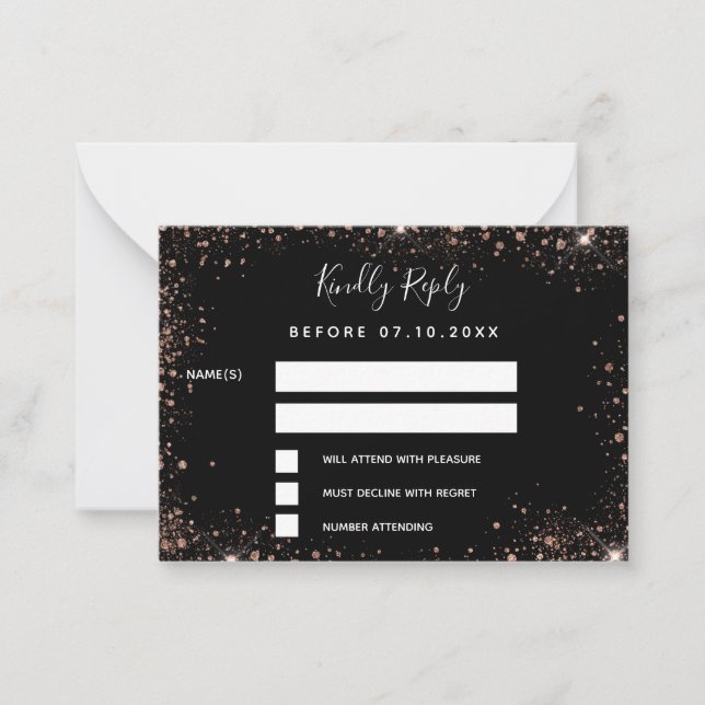 Black rose gold glamorous wedding RSVP Note Card (Front)