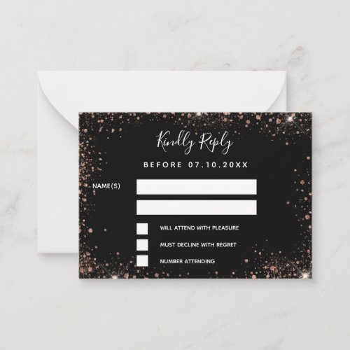 Black rose gold glamorous wedding RSVP Note Card