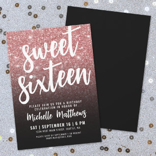 Black Rose Gold Glitter 16th Birthday Invitation