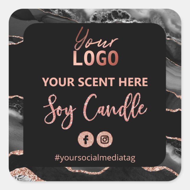Black Rose Gold Glitter Agate Soy Candle Labels (Front)