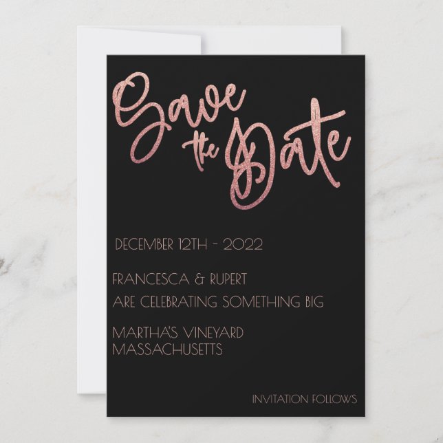 Black Rose Gold Glitter Art Deco Wedding Save The Date (Front)