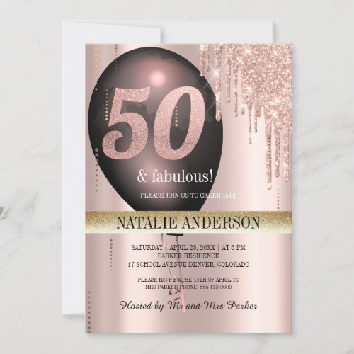 Black Rose Gold Glitter Balloon 50th Birthday Invitation