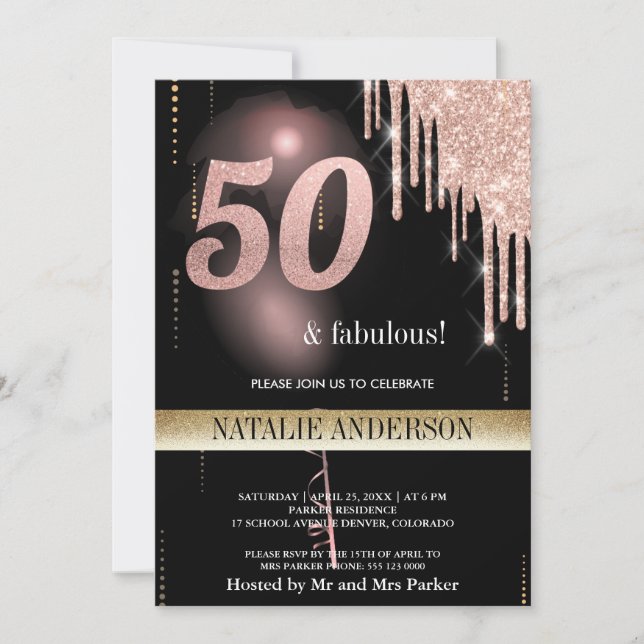 Black Rose Gold Glitter Balloon 50th Birthday Invitation (Front)
