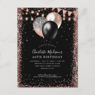 Black Rose Gold Glitter Balloon Any Age Birthday Postcard