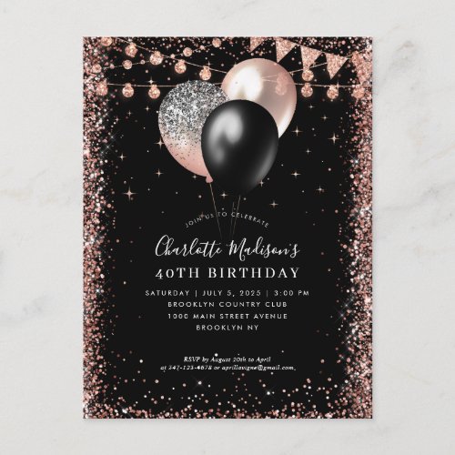 Black Rose Gold Glitter Balloon Any Age Birthday Postcard