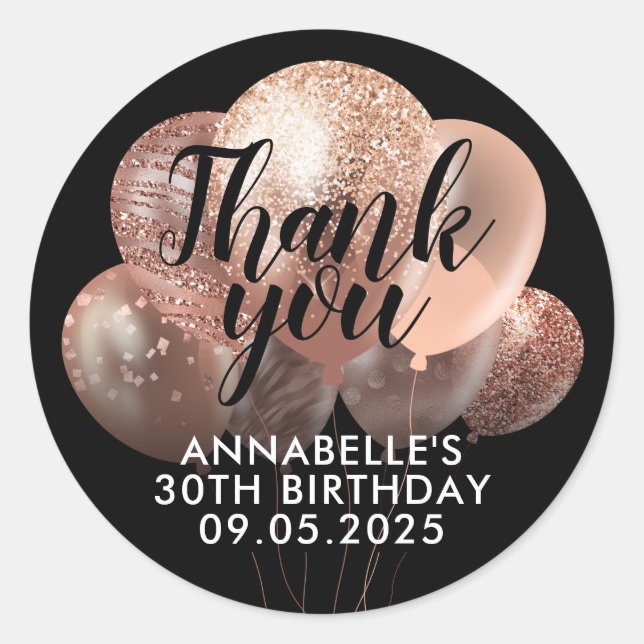 Black Rose Gold Glitter Balloon Thank You Birthday Classic Round Sticker (Front)