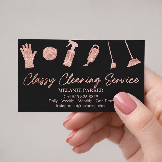 Black & Rose Gold Glitter Classy Cleaning Services Business Card (Creator Uploaded)
