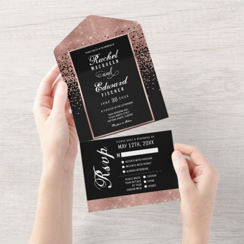 Black Rose Gold Glitter Confetti Wedding RSVP All In One Invitation