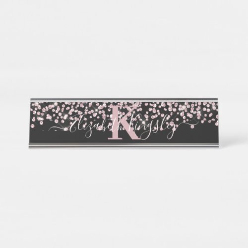 Black Rose Gold Glitter Diamond Monogram Desk Name Plate