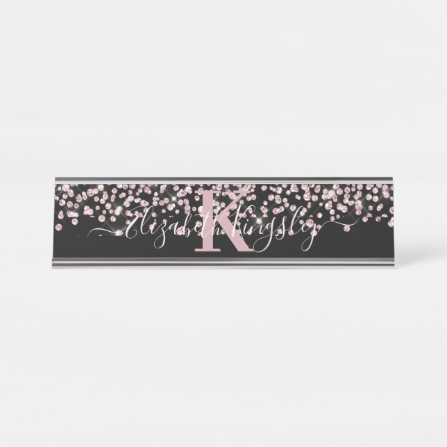 Black Rose Gold Glitter Diamond Monogram Desk Name Plate (Front)