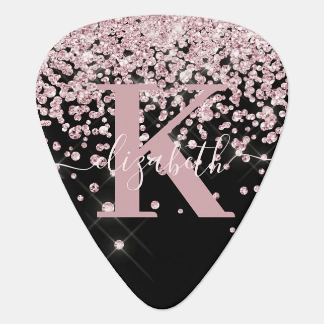 Black Rose Gold Glitter Diamond Monogram Guitar Pick (Front)